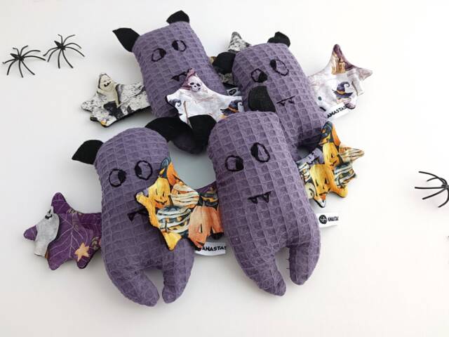 Handmade Waffle Cotton Bat Rattle, Spooky-Cute Baby Toy, Gothic, First Halloween, Shower - image 1