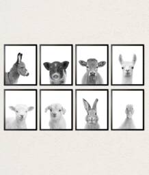 Farm Animal Nursery Prints Black & White Farmhouse Decor - Set Of 8 - thumbnail 1