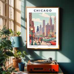 Chicago Travel Poster Retro Mid-Century Cityscape Art Print - thumbnail 2