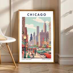 Chicago Travel Poster Retro Mid-Century Cityscape Art Print - thumbnail 1