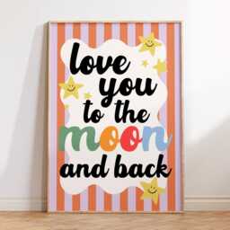 Love You To The Moon & Back Print - Children's Bedroom Playroom Nursery Retro Stripe Girls Posters Kids Fun Cute Quotes Pink - thumbnail 2