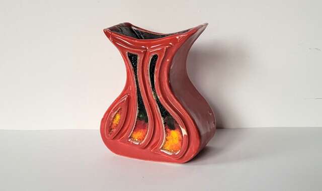 Hand Made Slab Built Red Glazed Ceramic & Glass Inlaid Pottery Vase Indoor Outdoor - image 1
