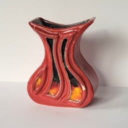 Hand Made Slab Built Red Glazed Ceramic & Glass Inlaid Pottery Vase Indoor Outdoor - thumbnail 2