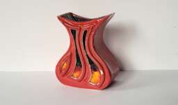 Hand Made Slab Built Red Glazed Ceramic & Glass Inlaid Pottery Vase Indoor Outdoor - thumbnail 1