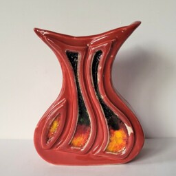 Hand Made Slab Built Red Glazed Ceramic & Glass Inlaid Pottery Vase Indoor Outdoor - thumbnail 3