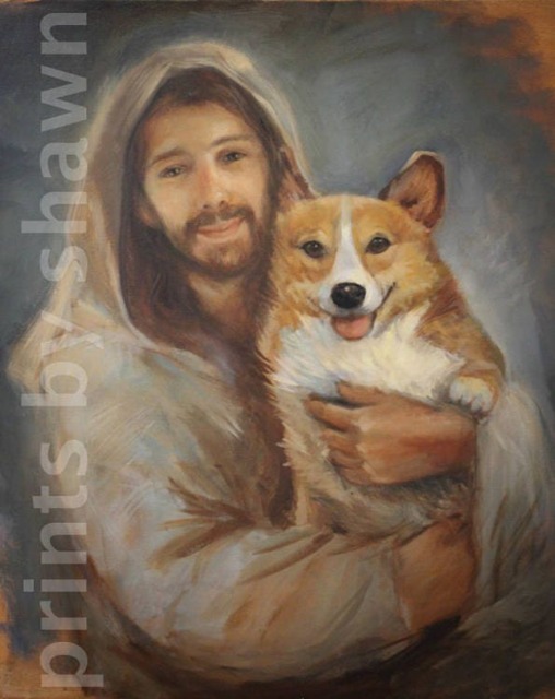 Art Print Of Corgi With Jesus, Dog Gift - image 1