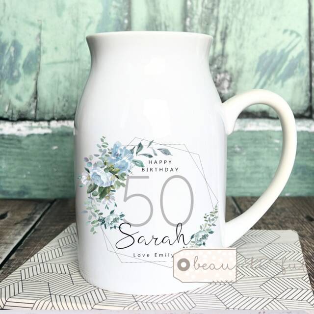 Personalised Birthday Gift Special Milestone 21 30 40 50 60 70 Any Age Pale Blue Floral Ceramic Small Vase Jug Mug - image 1