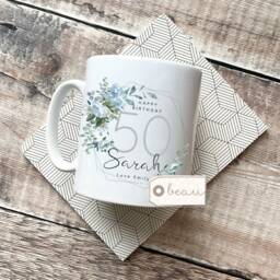 Personalised Birthday Gift Special Milestone 21 30 40 50 60 70 Any Age Pale Blue Floral Ceramic Small Vase Jug Mug - thumbnail 3