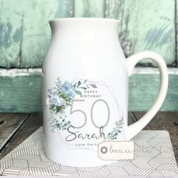 Personalised Birthday Gift Special Milestone 21 30 40 50 60 70 Any Age Pale Blue Floral Ceramic Small Vase Jug Mug - thumbnail 1