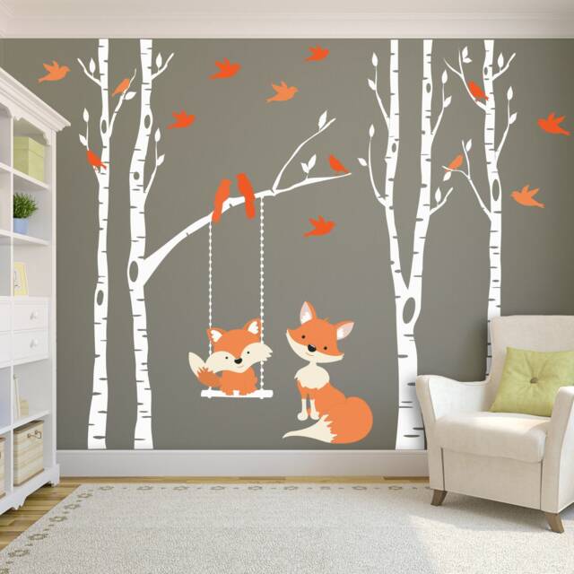 Woodland Nursery Fox Forest Trees Wall Decal 4 Birch Nursery Decor Baby Swings From Branch Bedroom - image 1