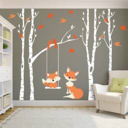 Woodland Nursery Fox Forest Trees Wall Decal 4 Birch Nursery Decor Baby Swings From Branch Bedroom - thumbnail 1