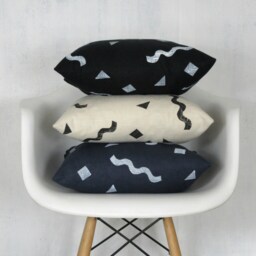 Cream Linen Pillow Cover With Black Geometric Wiggle Print/Decorative Throw Cushion Confetti Shapes Bedding Accent Squares Triangles Bold - thumbnail 2