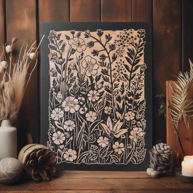 Garden Flowers Engraved Birch Wood Panel - Block Print Inspired Floral Wall Art, Rustic Flora Illustration Print, Farmhouse Home Decor Gift - image 1