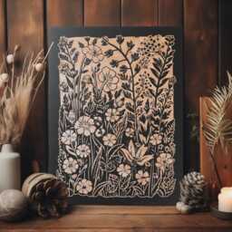 Garden Flowers Engraved Birch Wood Panel - Block Print Inspired Floral Wall Art, Rustic Flora Illustration Print, Farmhouse Home Decor Gift - thumbnail 1