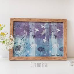 Like Dali Through The Raindrops - 3 Different Sizes - Purple Blue Abstract Art Print With White Birds - thumbnail 3