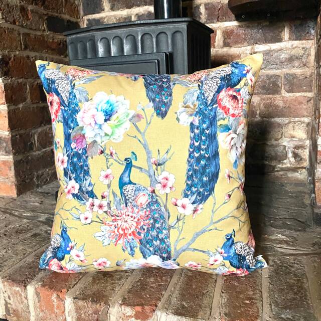 1130. Luxury Peacock On Yellow Velvet Cushion Cover, Various Sizes - image 1