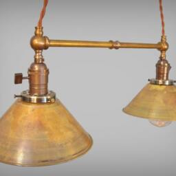 Twin Pendant Lamp with Brass Cone Shades - Vintage Industrial Ceiling Fixture - thumbnail 3