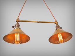 Twin Pendant Lamp with Brass Cone Shades - Vintage Industrial Ceiling Fixture - thumbnail 1