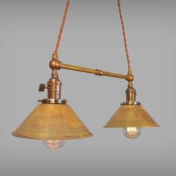 Twin Pendant Lamp with Brass Cone Shades - Vintage Industrial Ceiling Fixture - thumbnail 2
