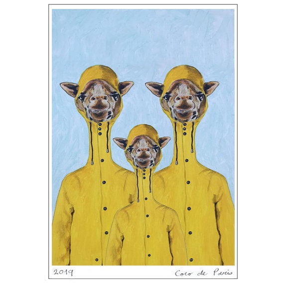 Giraffes in Raincoat Print, Original Giraffe Illustration For Wall Decoration Or Birthday Gift - image 1