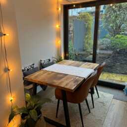 Handmade Rustic Solid Wood Dining Table With Black Trapezium Legs. - Kitchen Table - thumbnail 2