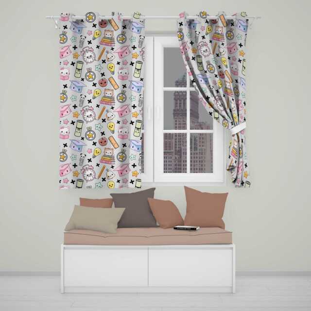 Cute Kawaii School Supplies Cat Books Apple Seamless Pattern Readymade Eyelet Ring Top Thermal 100% Blackout Curtains - image 1