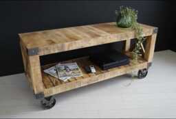 Tv Stand On Wheels W120cm - Rustic Industrial Wood Media Cabinet Rolling Storage Console Cable Management Lounge Furniture
