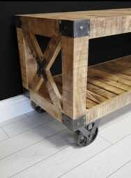 Tv Stand On Wheels W120cm - Rustic Industrial Wood Media Cabinet Rolling Storage Console Cable Management Lounge Furniture - thumbnail 3
