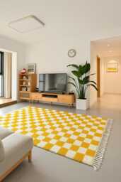 Handmade Checkered Berber Rug - Yellow Moroccan Wool - thumbnail 1