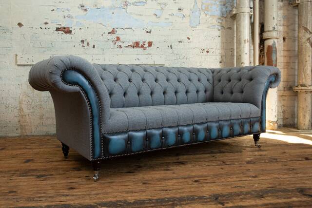 Handmade 3 Seater Iron Grey Herringbone Wool With Antique Blue Leather Chesterfield Sofa - Other Colours - image 1