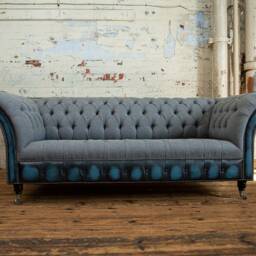 Handmade 3 Seater Iron Grey Herringbone Wool With Antique Blue Leather Chesterfield Sofa - Other Colours - thumbnail 3