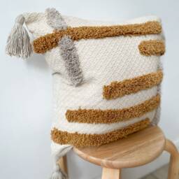 Tufted Cushion Cover in Beige , Grey With Tassels, Orange Pillows, Scatter Cushion, Sofa - thumbnail 3