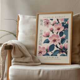 Taiwan Flower Market Print, Plum Blossom Wall Art, Asian Botanical Poster, Illustration, Pink Floral Decor With Chinese Calligraph - thumbnail 2