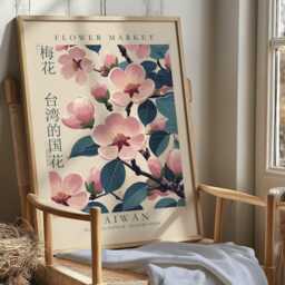 Taiwan Flower Market Print, Plum Blossom Wall Art, Asian Botanical Poster, Illustration, Pink Floral Decor With Chinese Calligraph - thumbnail 3