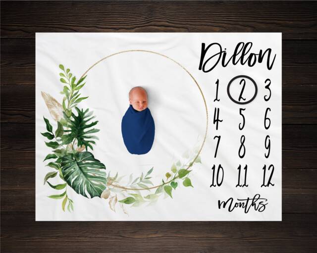 Tropical Milestone Baby Blanket, Girl Green Foliage Personalized Track Growth, Shower Gift, Leaves, Boy - image 1