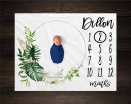Tropical Milestone Baby Blanket, Girl Green Foliage Personalized Track Growth, Shower Gift, Leaves, Boy - thumbnail 1