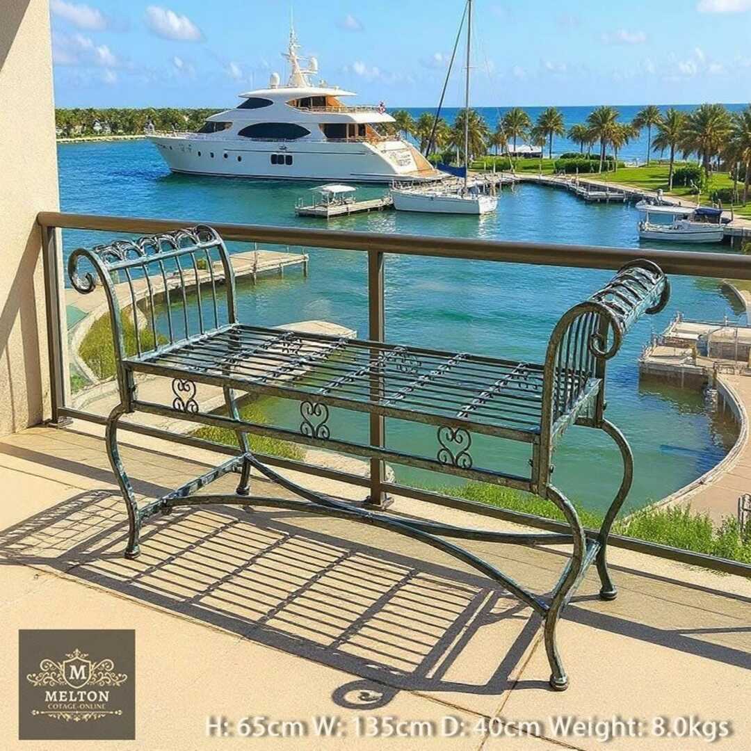 Antiqued Aged Turquoise Fancy Ornate Metal Garden Bench Patio