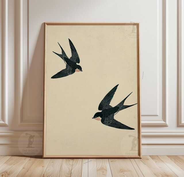 Japanese Swallow Bird Poster - Minimalist Teal Line Illustration Neutral Nature Wall Art - image 1
