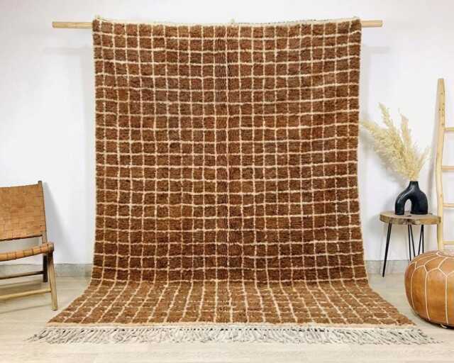 Brown White Grid Moroccan Rug - Large Area Handmade Berber Shag Living Room Carpet