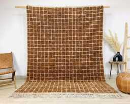 Brown White Grid Moroccan Rug - Large Area Handmade Berber Shag Living Room Carpet - thumbnail 1