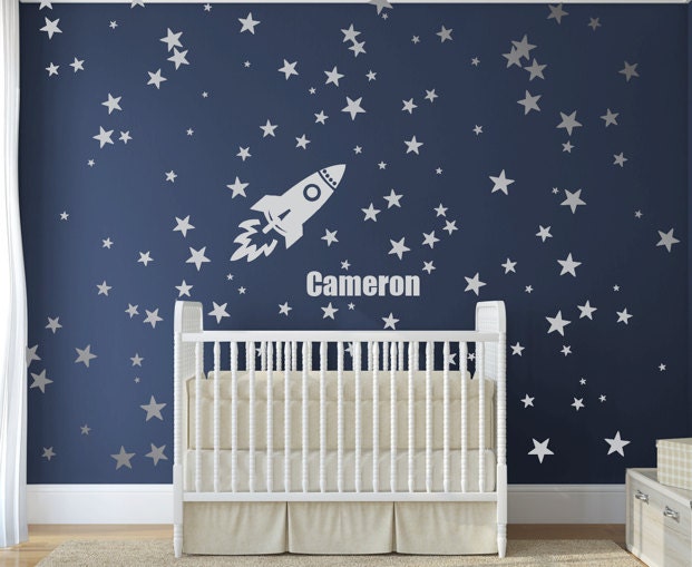 Silver Confetti Stars Personolized Name Decal Space Rocket Vinyl Wall Decal Sticker Star Set -Sd 092 - image 1