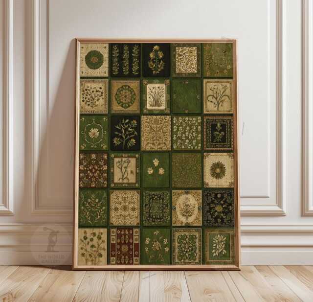 Green Persian Rug Poster - Vintage Oriental Carpet Patchwork Print Traditional Textile Wall Art - image 1