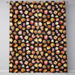 Cute Kawaii Fast Food Sushi Dessert Snacks Seamless Pattern Black Background Readymade Eyelet Ring Top Thermal 100% Blackout Curtains - thumbnail 2