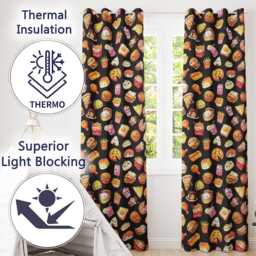 Cute Kawaii Fast Food Sushi Dessert Snacks Seamless Pattern Black Background Readymade Eyelet Ring Top Thermal 100% Blackout Curtains - thumbnail 3