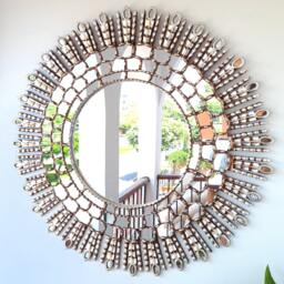 Peruvian Silver Eye Mirror 78 cm Handmade Wall Decor - Carved Wood Round Statement For Living Room Bathroom Entryway - thumbnail 1