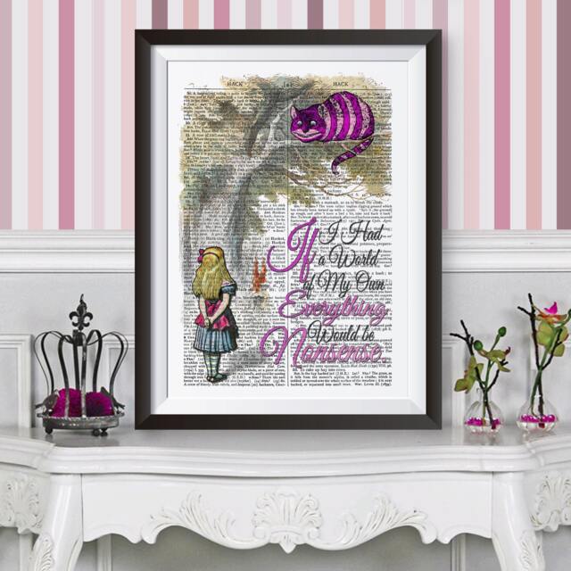 Alice in Wonderland Poster Print. & The Cheshire Cat Wall Decor Antique Dictionary Book Page Background. Reproduction Large Poster - image 1