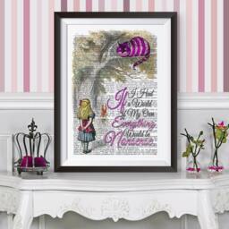 Alice in Wonderland Poster Print. & The Cheshire Cat Wall Decor Antique Dictionary Book Page Background. Reproduction Large Poster