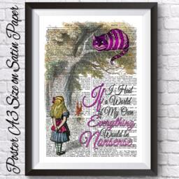 Alice in Wonderland Poster Print. & The Cheshire Cat Wall Decor Antique Dictionary Book Page Background. Reproduction Large Poster - thumbnail 2