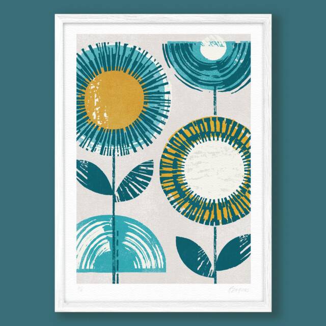 Yellow & Teal Flower Print, Retro Turquoise Scandinavian Botanical, & Aqua, Ochre Wall Decor, A4, A3, 70's Art, Unframed - image 1