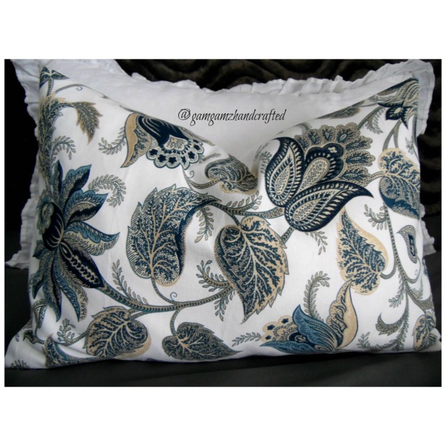 Floral Pillow Cover Blue, White, & Natural Cotton, Farmhouse Style - image 1